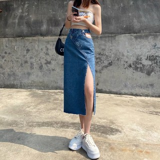 Chân váy jeans xẻ tà vạt chéo có bigsize