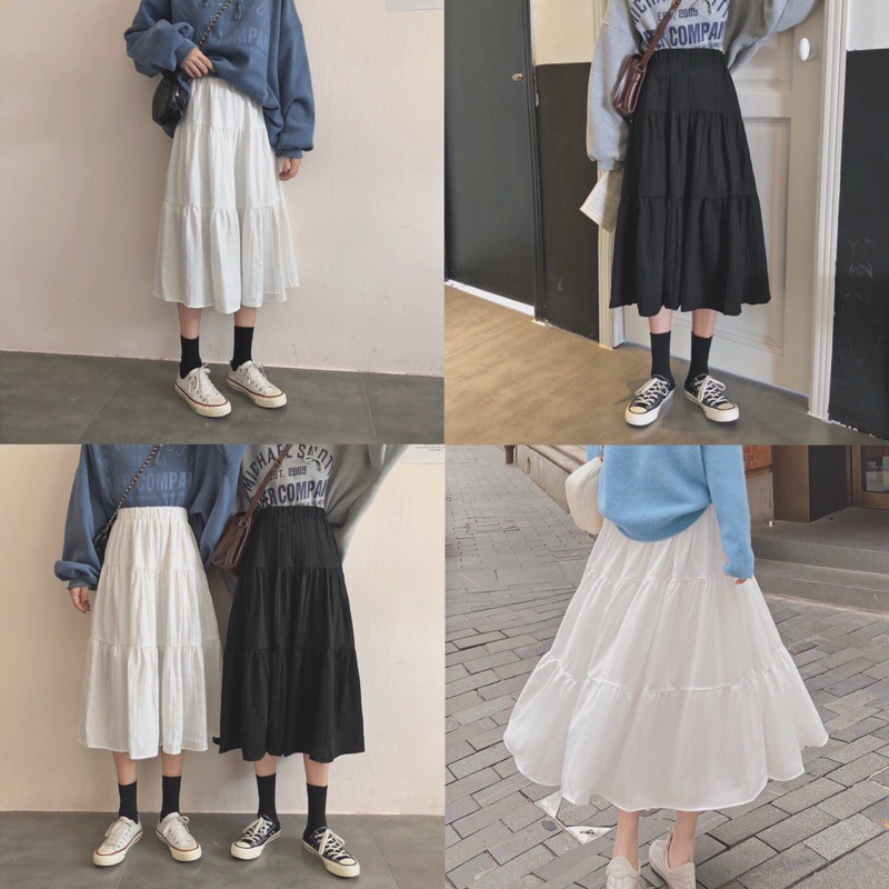 Chân váy voan xoè dáng dài phong cách ulzzang thời trang nữ có lót trong màu trắng đen | BigBuy360 - bigbuy360.vn