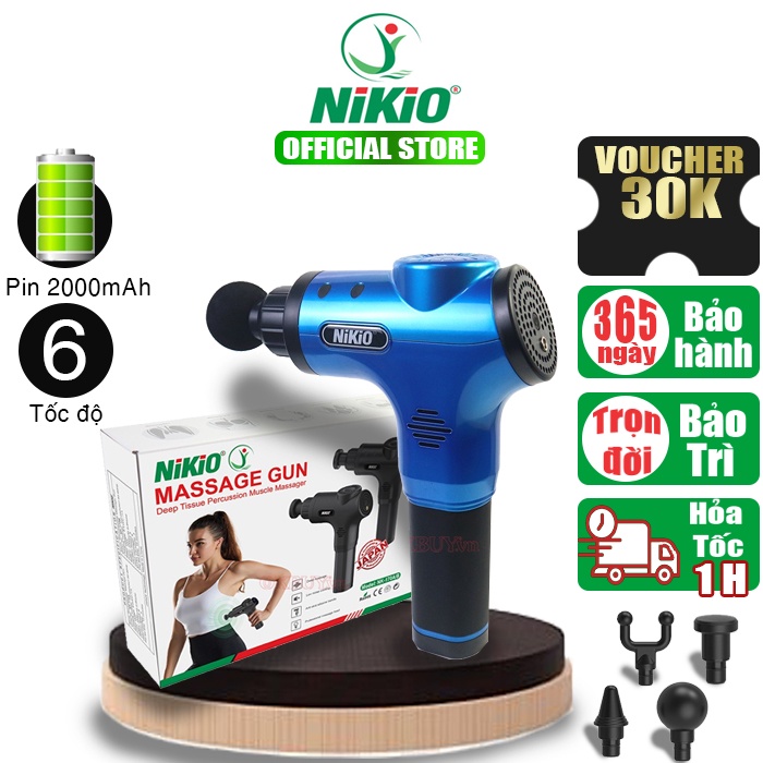 Súng máy massage cầm tay Nhật Bản Nikio NK-170A - 4 đầu, 6 cường độ massage - Màu Xanh