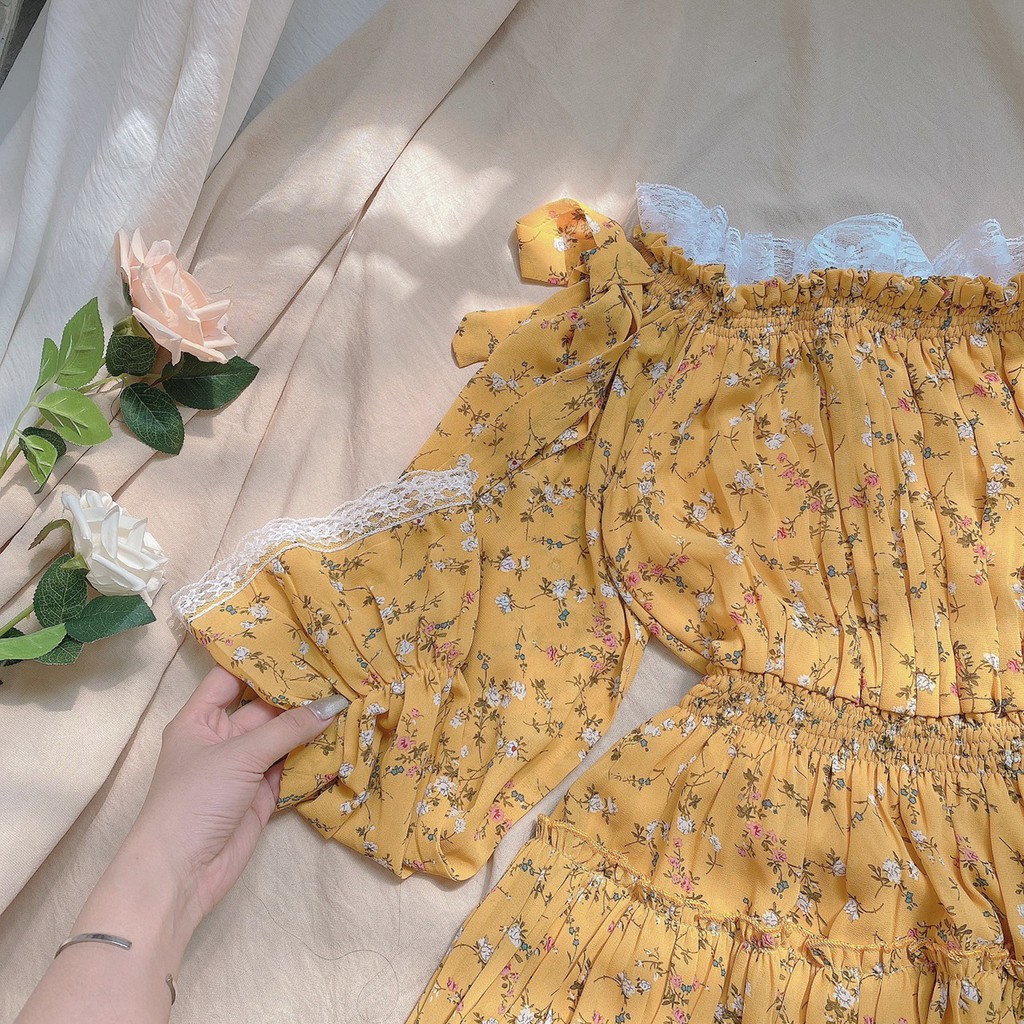 Đầm Xòe Hoa Bẹt Vai Phối Ren Trắng- Váy Xòe Tay Dài Trễ Vai Kiểu Dáng Nhẹ Nhàng, Nữ Tính Thích Hợp Cho Các Nàng Bánh Bèo