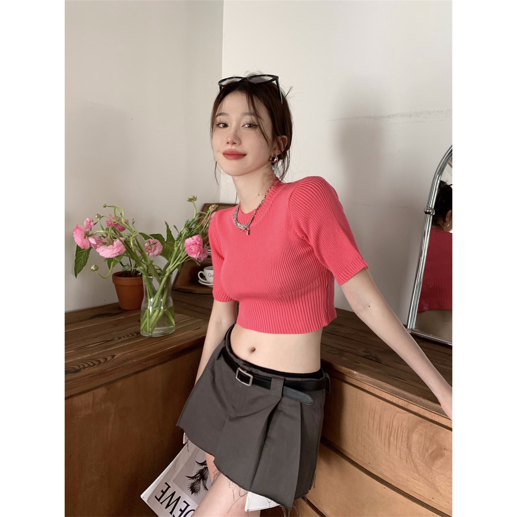 Áo Dệt Kim Tay Ngắn Dáng Ôm Phong Cách Hàn Quốc Thời Trang Cho Nữ