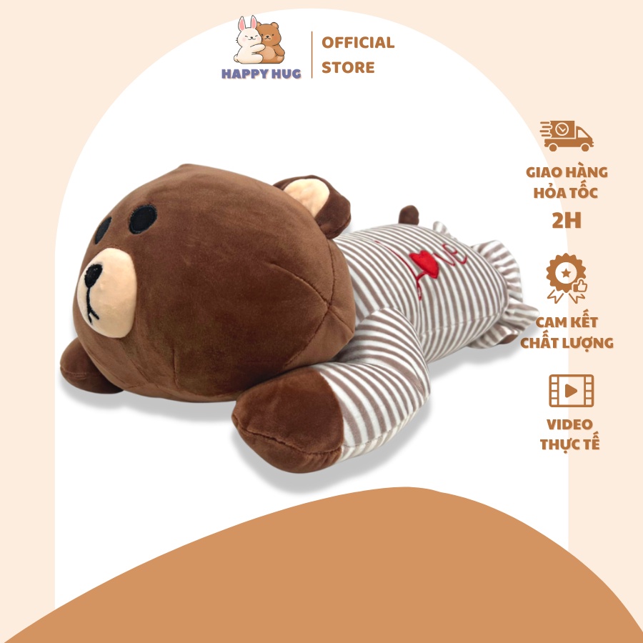 Gối ôm gấu Brown mặc váy kẻ size 45cm đáng yêu, gấu bông ôm nằm - Happy Hug