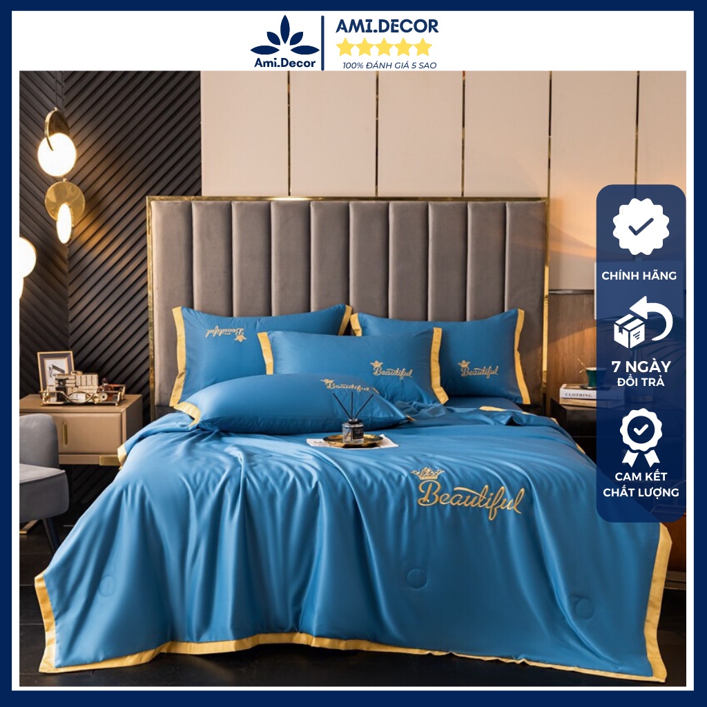 Bộ chăn ga gối lụa CLASSIC nhập khẩu cao cấp phối họa tiết đơn giản sang trọng, ga giường siêu thoáng mát mềm mịn