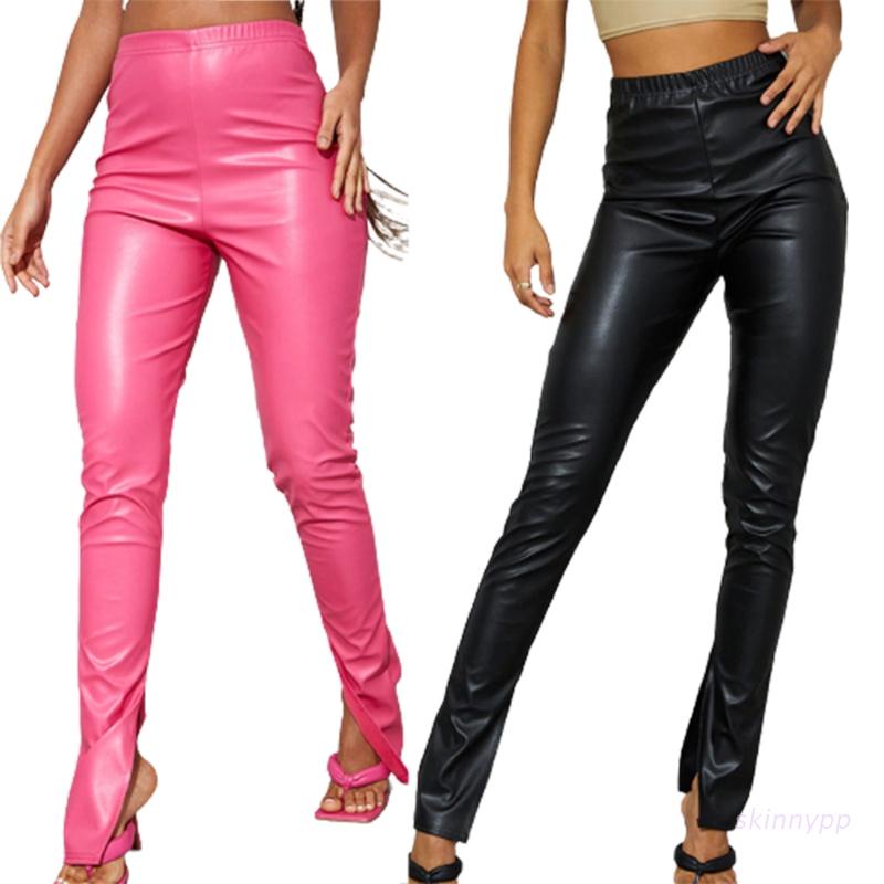 Quần legging giả da lưng cao phối vết rách cá tính cho nữ