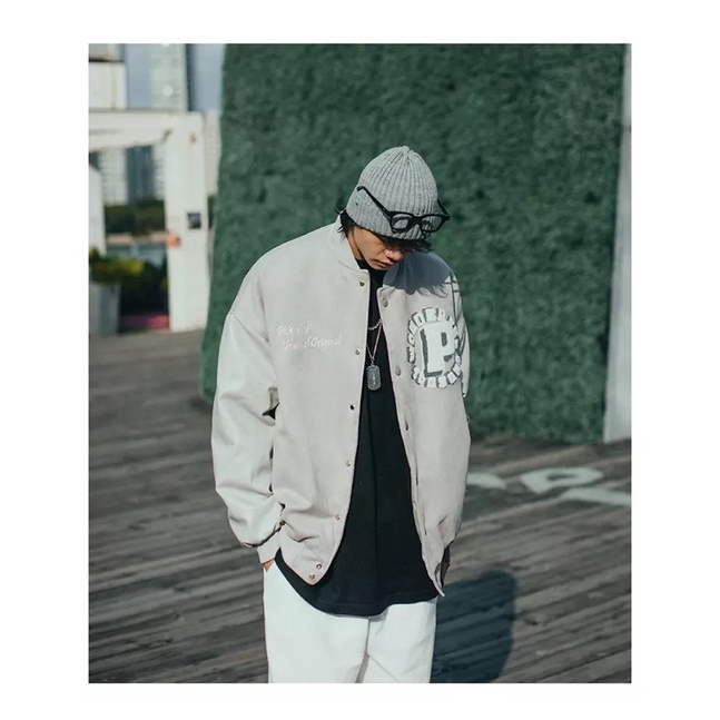 ÁO KHOÁC BOMBER PHỐI TAY DA NAM  NỮ T-A-N FORM RỘNG VAI SỆ-AKD7-Vải Dạ phối Tay Da cực ngầu hình thêu màu xám