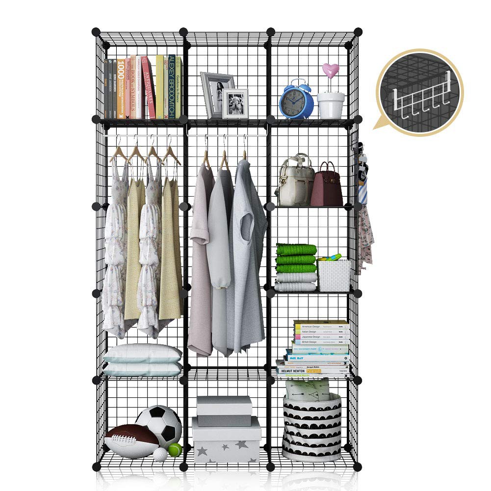 Kệ Tủ Treo Quần Áo Bằng Lưới Sắt Sơn Tĩnh Điện Màu Đen Gồm 2 Khoang Treo Và 9 Ô Đựng Đồ Kích Thước 105x140x35cm