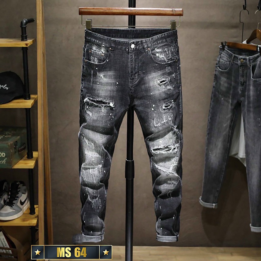 Quần jean nam chất bò co giãn- đen rách hình thật shop chụp PN ms109