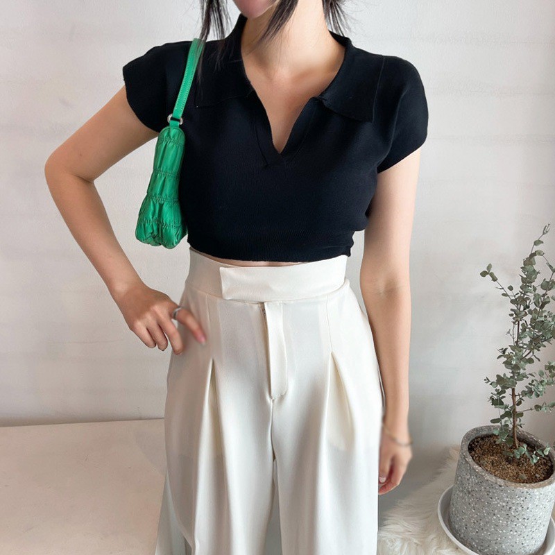 Áo Thun Dệt Kim Tay Ngắn Cổ Bẻ Màu Trơn Dáng Ôm Thời Trang Cho Nữ