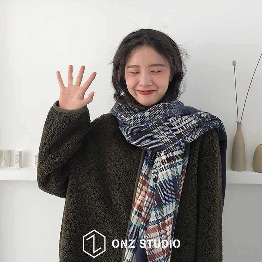Khăn quàng cổ ONZ Studio vintage - Khăn choàng cổ len nam nữ dạ len kẻ caro ulzzang Hàn Quốc mềm mịn KCR02