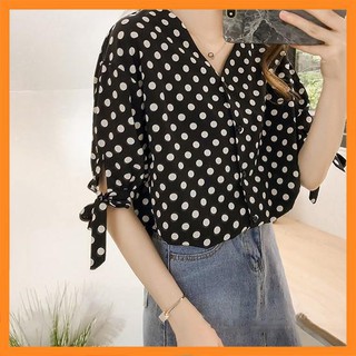 Sơ mi nữ chấm bi cổ V thắt nơ tay  [TTBK]