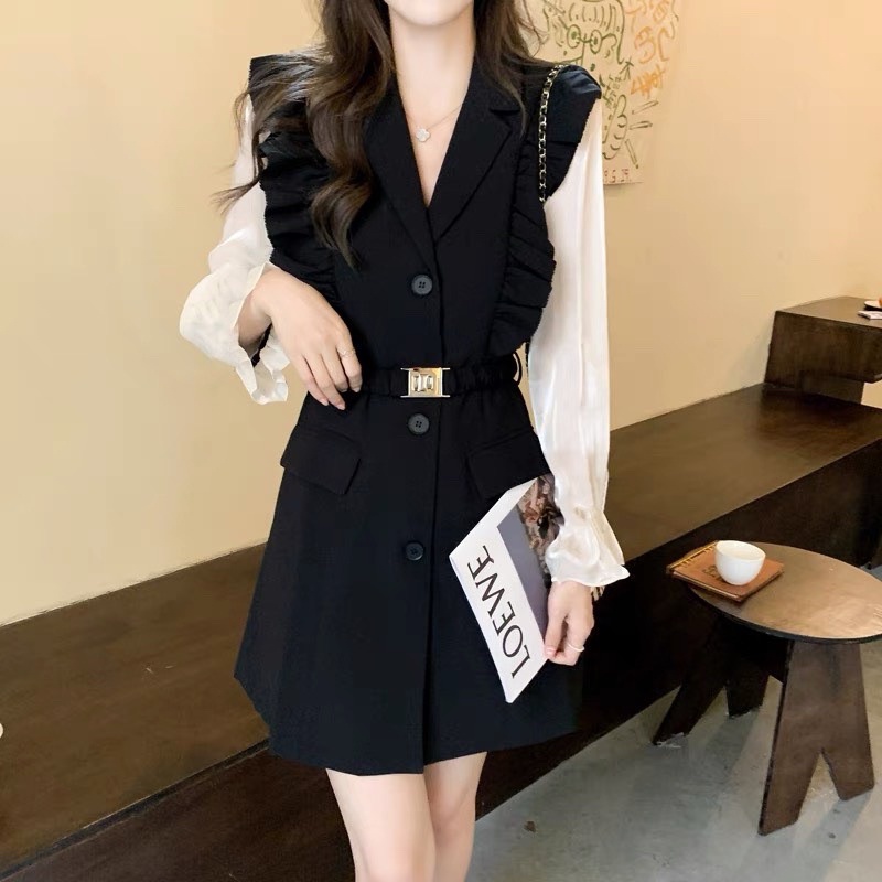 ĐẦM VIỀN TAY BÈO PHỐI 2 MÀU NÂU - ĐEN