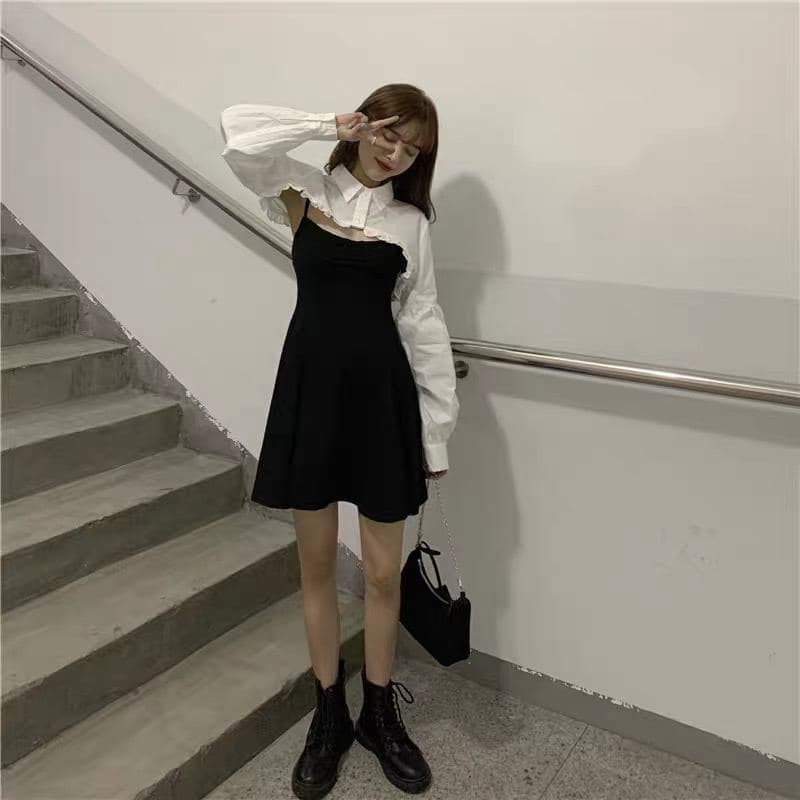 Set Khoác Sơ Mi Lửng + Váy Xoè 2 Dây (Trắng-Đen) | BigBuy360 - bigbuy360.vn