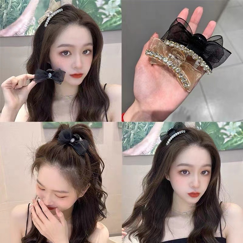 Kẹp Tóc Nơ Đính Đá Kim Cương Giả Hai Mặt Vải Lưới Kích Thước Nhỏ Cài Tóc Đuôi Ngựa Mùa Hè