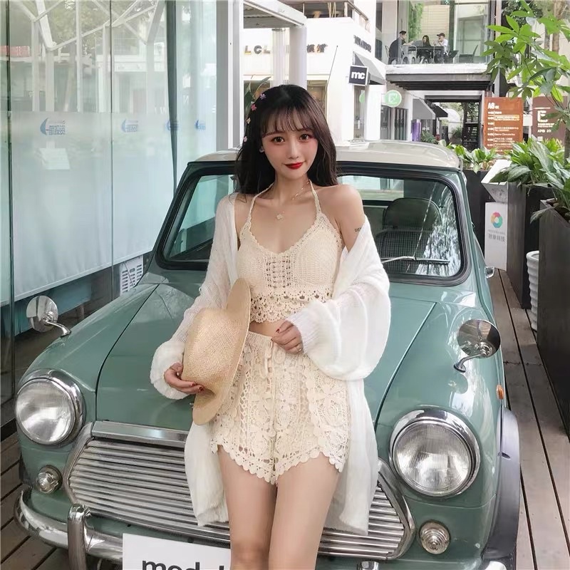 Ren 30-Set đi biển 3 món - bra + quần ren xẻ vạt + choàng len mỏng dáng dài ~90cm