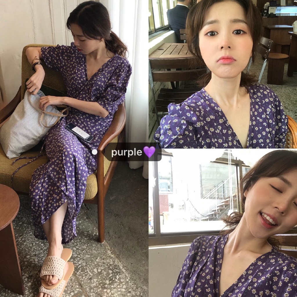 (ORDER) Váy dáng dài hoa tím nhỏ cổ V dây thắt eo style retro Hàn Quốc 2020