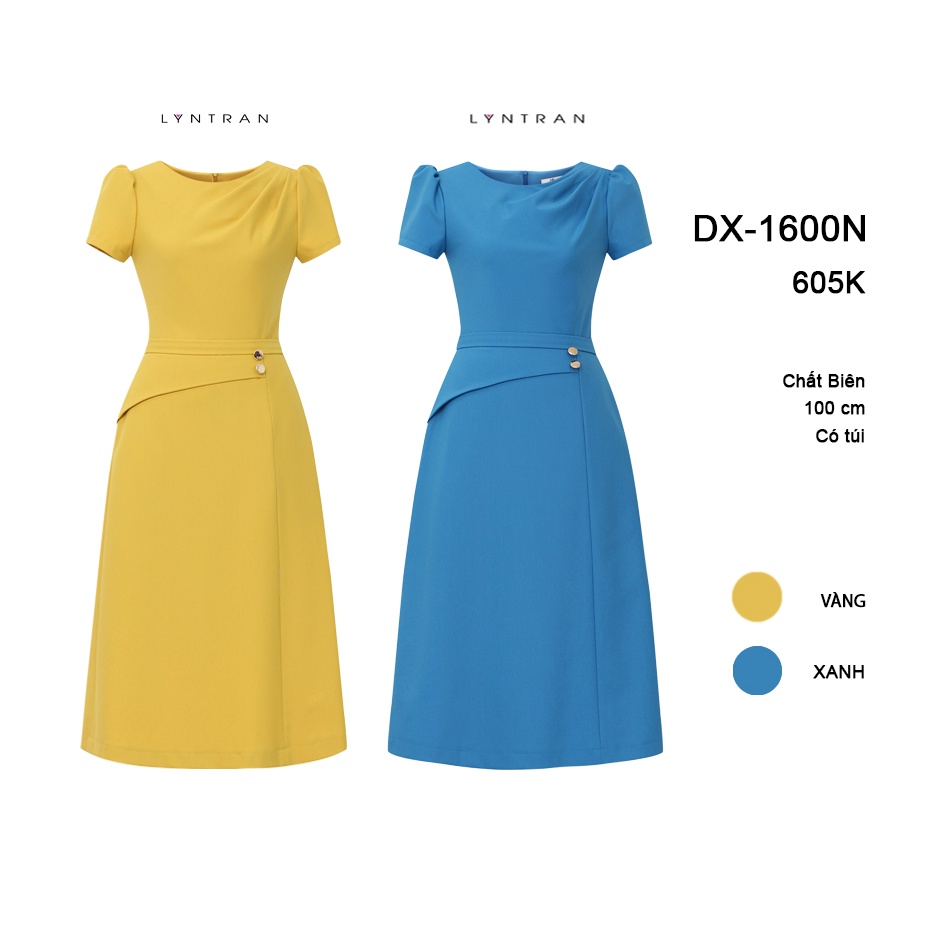 Váy xòe cổ tròn peplum Lyntran Đầm ngắn tay vai bồng xếp nếp ngực và vạt peplum với cúc mạ vàng sang trọng