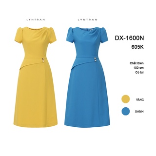 Váy xòe cổ tròn peplum Lyntran Đầm ngắn tay vai bồng xếp nếp ngực và vạt peplum với cúc mạ vàng sang trọng
