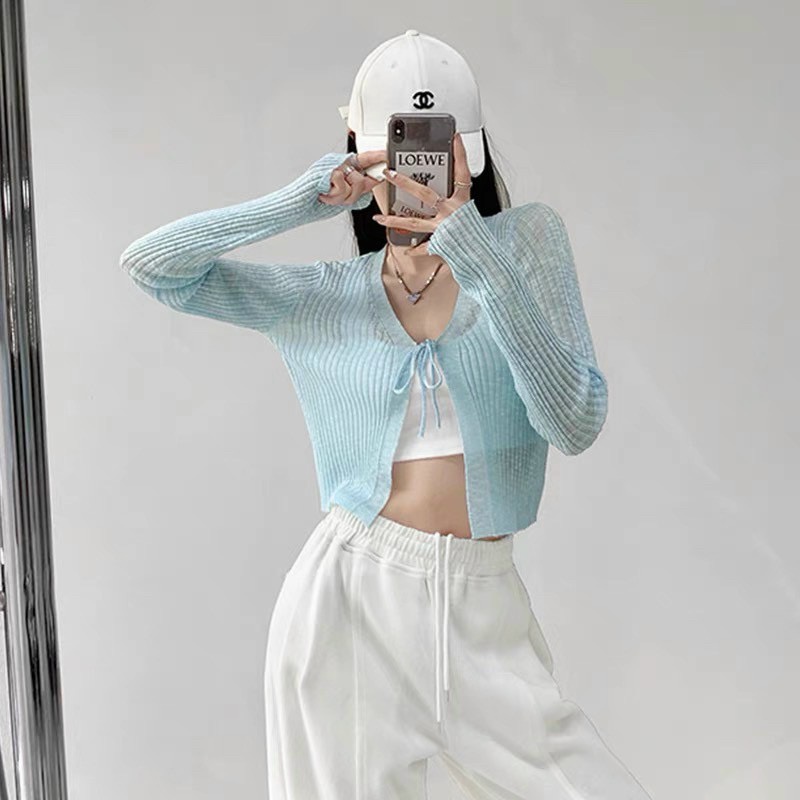Áo Khoác Voan Lưới Gân Lửng Thắt Nơ Tay Dài Dáng Rộng Cao Cấp Ulzzang