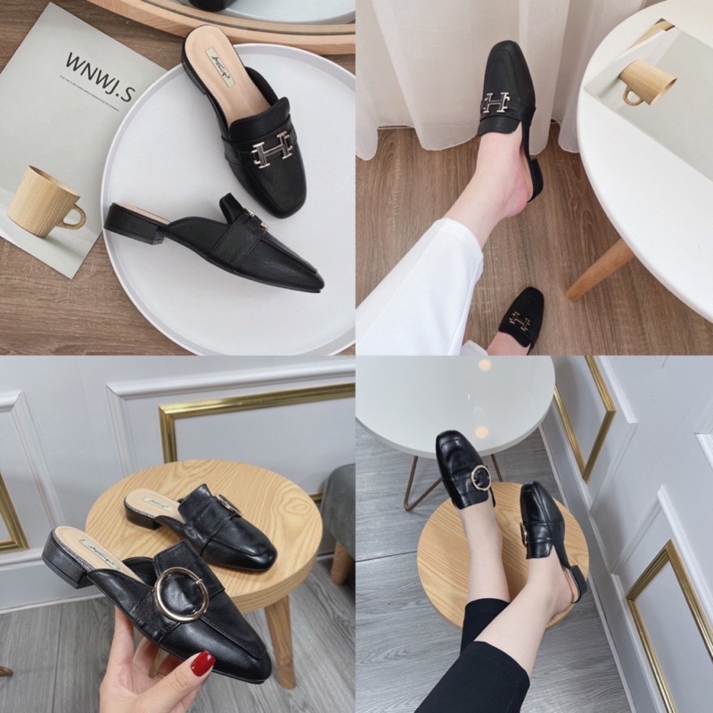 Sục nữ mũi vuông da thật, dép sục nữ quai xích tang tròn đế bệt cá tính