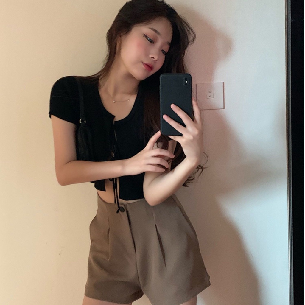[LININ] Quần Short Ống Rộng Lưng Cao Màu Đen Thời Trang Xuân Hè Cho Nữ