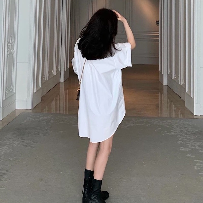 Áo Sơ Mi Trắng Dài Vừa Dáng Rộng Thời Trang Mùa Hè Hàn Quốc Mới Cho Nữ