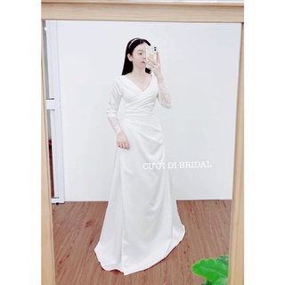 Váy cưới , Váy đi bàn Cổ V tay dài phối ren CD93 (Phi Đơ) - Cưới Đi Bridal