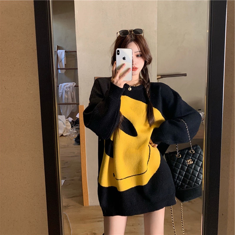 Plus Áo Sweater Dệt Kim Dày Cỡ Lớn In Họa Tiết Mặt Cười Thời Trang Xuân Thu Cho Nữ