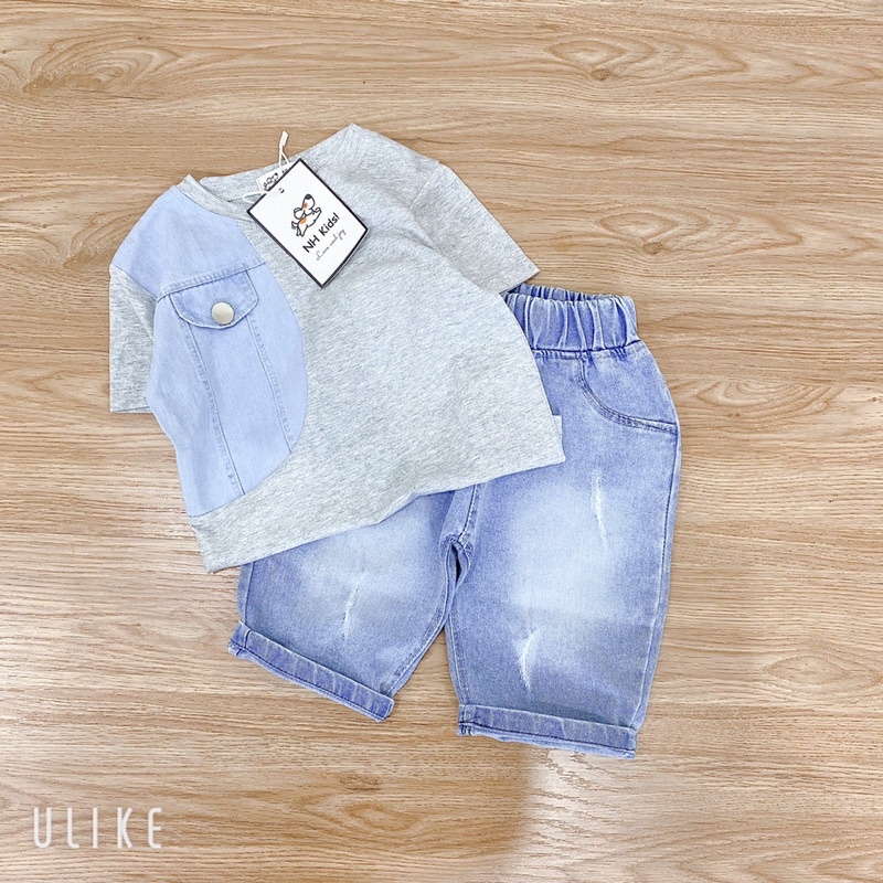 (jean baby) sét bộ bé trai ,quần jean bò mềm +áo phông cộc tay phối bò(10-30kg)