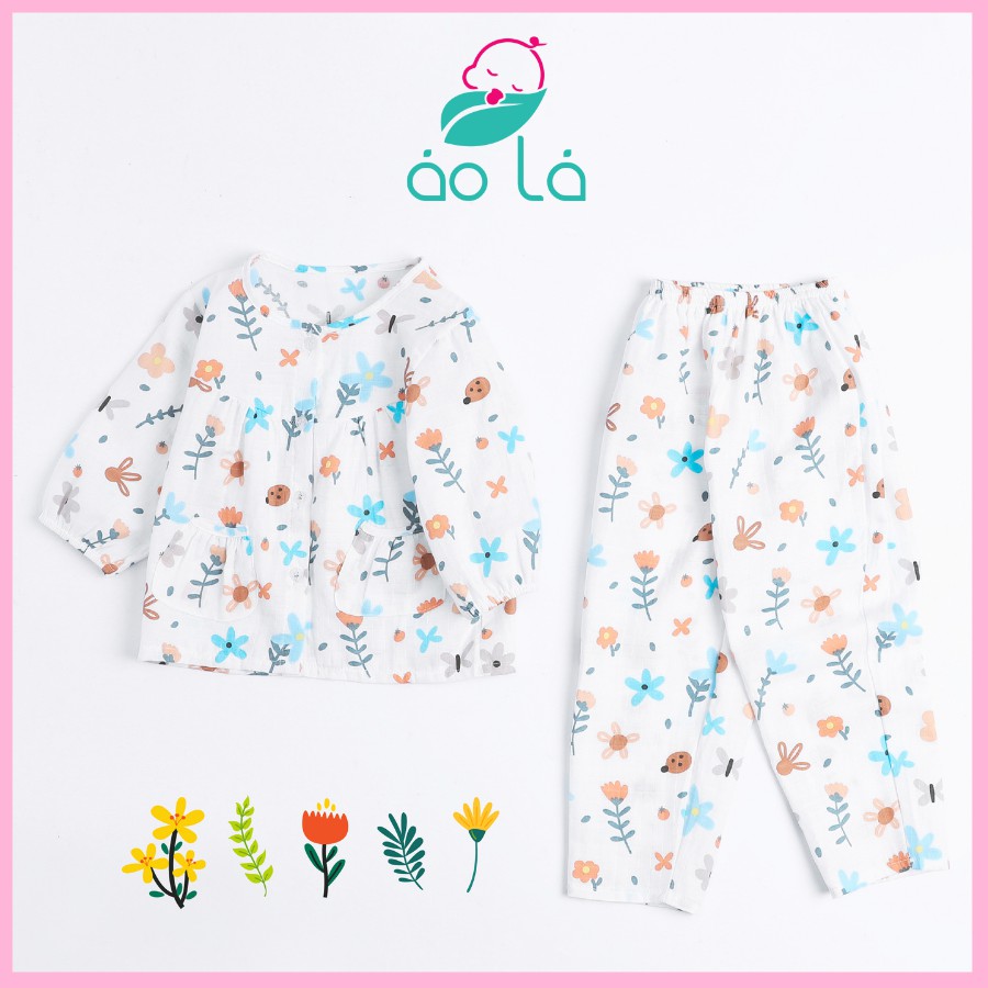 Đồ thu đông cho bé gái mặc ngủ vải cotton xô, đồ ngủ bé gái dài tay babydoll xinh xắn họa tiết hoa Áo Lá Homewear PIXOB