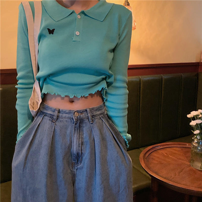 SUXI BUTTERFLY Áo Sơ Mi Dệt Kim Tay Dài Hoạ Tiết Bướm Thêu Nhiều Màu Sắc Phong Cách Retro