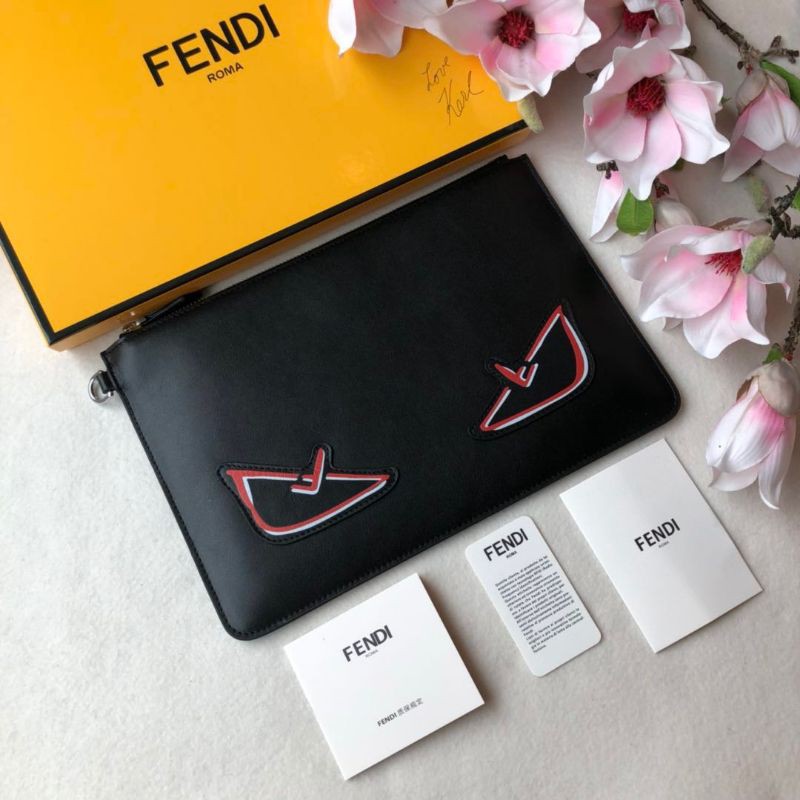 clutch cầm tay nam da thật dáng dài kéo khóa họa tiết hình đôi mắt viền đỏ Fendi FD