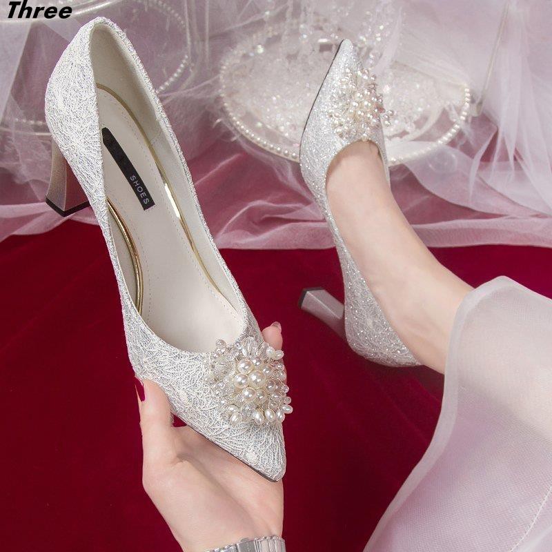 Women's shoes, high heels wedding shoes women thick heel wedding bridal shoes sequin dress wedding crystal shoes pink