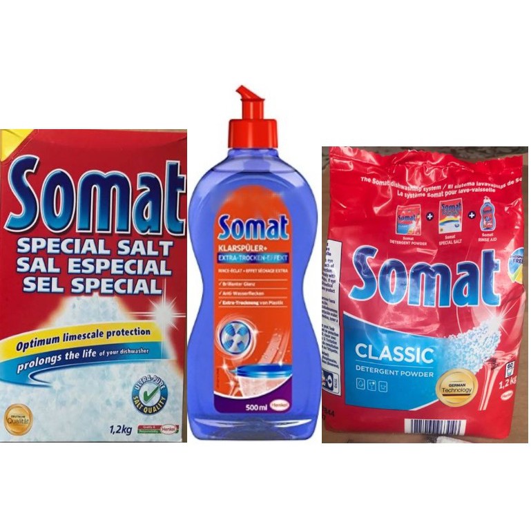 BỘ BỘT RỬA BÁT SOMAT 1,2KG + MUỐI RỬA BÁT 1,2KG + NƯỚC LÀM BÓNG SOMAT 750ML ( Nk Đức )