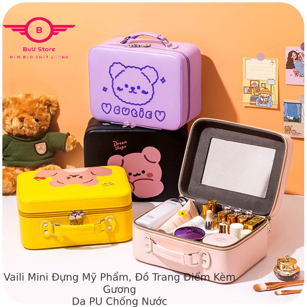 Hộp đựng mỹ phẩm dụng cụ trang điểm kèm gương, vali mini da PU đựng mĩ phẩm và đồ trang điểm chống thấm nước