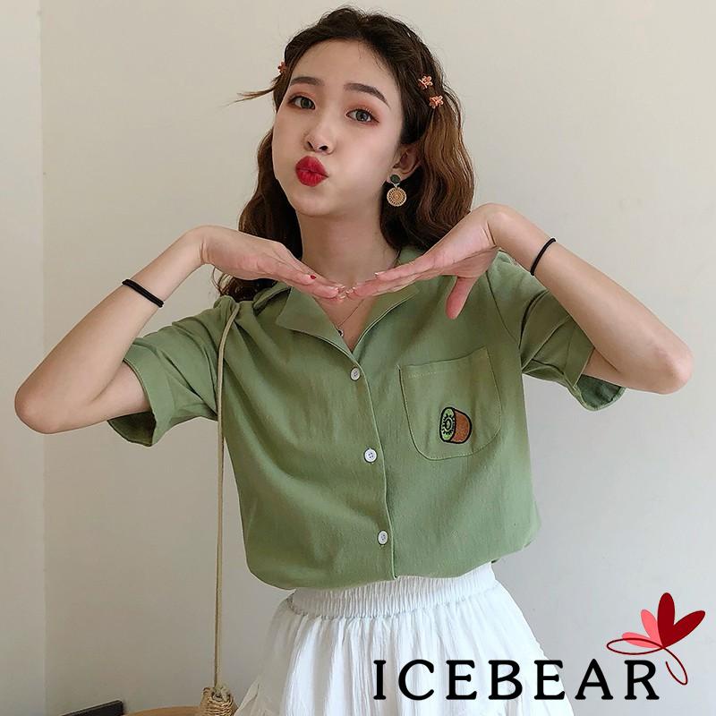 Áo sơ mi tay ngắn dáng rộng thêu hình trái cây phối nút thời trang cho nữ