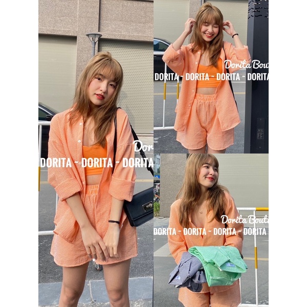 Set áo sơ mi dọc dài tay kèm áo bra hot trend, Set áo sơ mi kèm bra và quần short tông màu