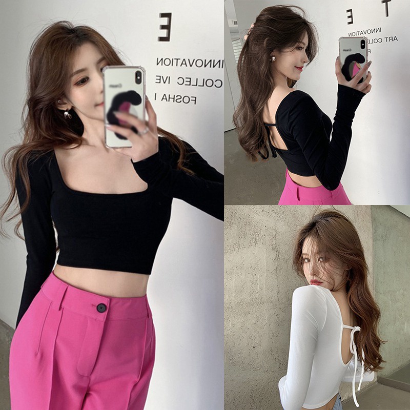 Áo Thun Crop Top Cổ Vuông Tay Dài Hở Lưng Màu Sắc Đơn Giản Dành Cho Nữ