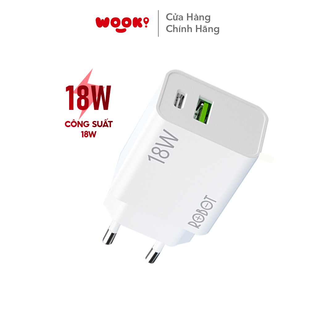 Cốc Sạc Nhanh ROBOT 18W 2 Cổng USB-A Type-C RT-F2 Hỗ Trợ Sạc 2 Thiết Bị Cùng Lúc Dòng Hàng Chính Hãng