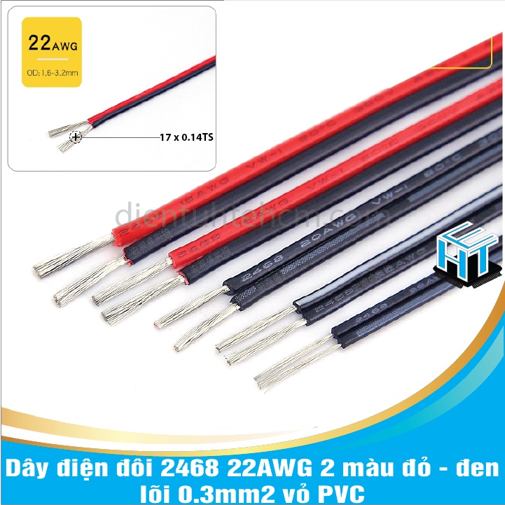 Dây điện đôi 2468 22AWG 2 màu đỏ - đen lõi 0.3mm2 vỏ PVC(1 mét)