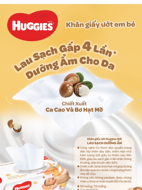 Khăn ướt Huggies( ca cao và bơ hạt mỡ ) 72 miếng