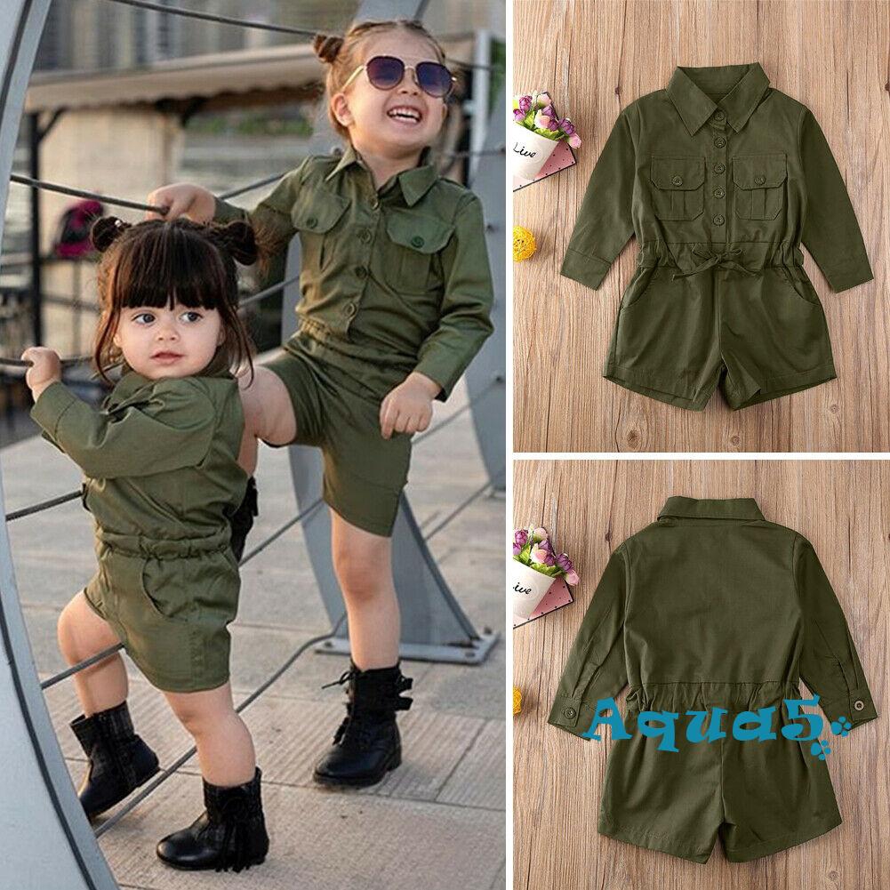 Jumpsuit Dài Tay Màu Xanh Quân Đội Cho Bé Gái