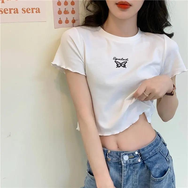 Áo Croptop Ngắn Tay Thêu Hình Bướm Xinh Xắn Cho Nữ GK0I