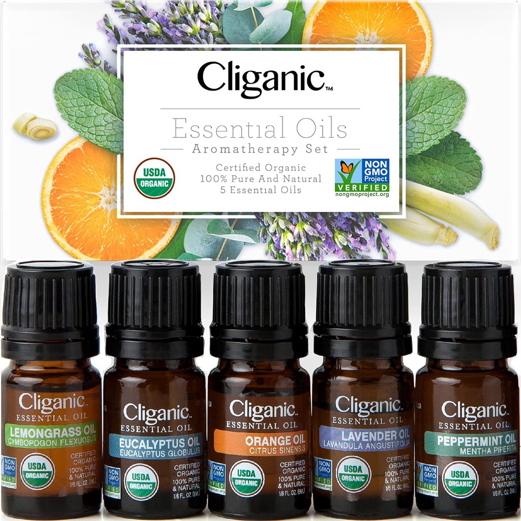 Tinh dầu hữu cơ thiên nhiên Cliganic Essential Oils Aromatherapy Set, hộp 5 chai [Hàng Mỹ]