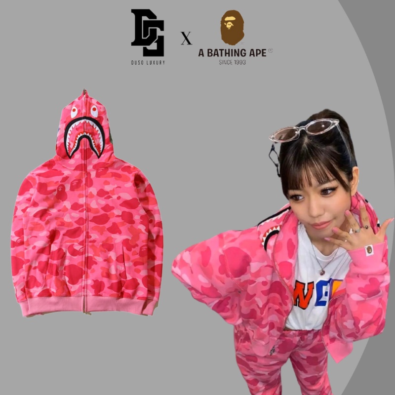 Áo Hoodie Jacket Bape Shark Camo, Bape Hoodiefullzip, Họa tiết thêu, Chất liệu Cotton nỉ chân cua, Màu Hồng.