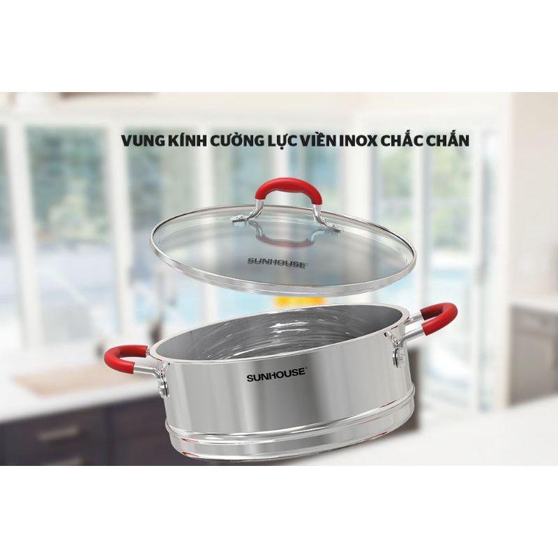 Bộ xửng hấp, nồi hấp kiêm nồi luộc gà 5 đáy Sunhouse size 24 và 28 hàng chính hãng giá tốt