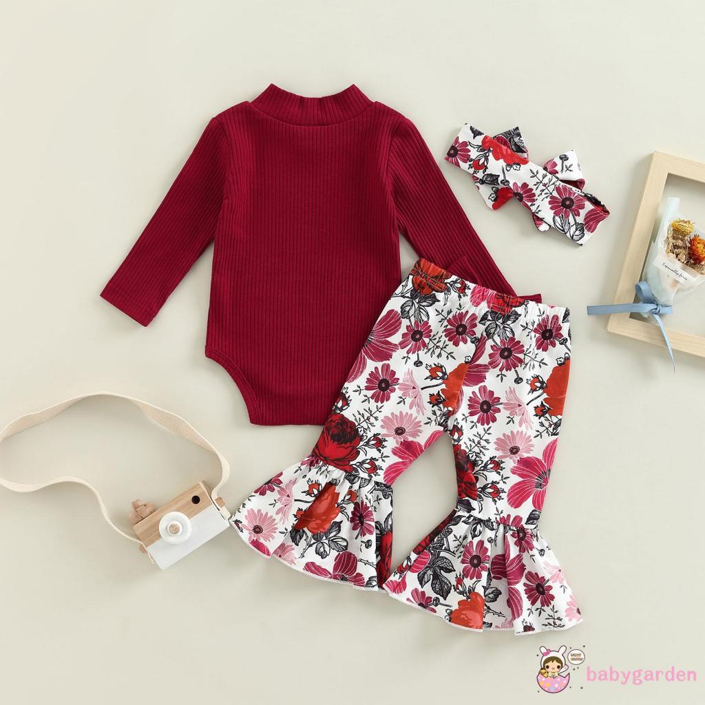 Bộ Áo Liền Quần Tay Dài Cổ Cao Màu Trơn + Quần Dài Ống Loe In Hoa + Băng Đô Cài Tóc Thời Trang Mùa Thu Cho Bé Gái 0-18 Tháng Tuổi