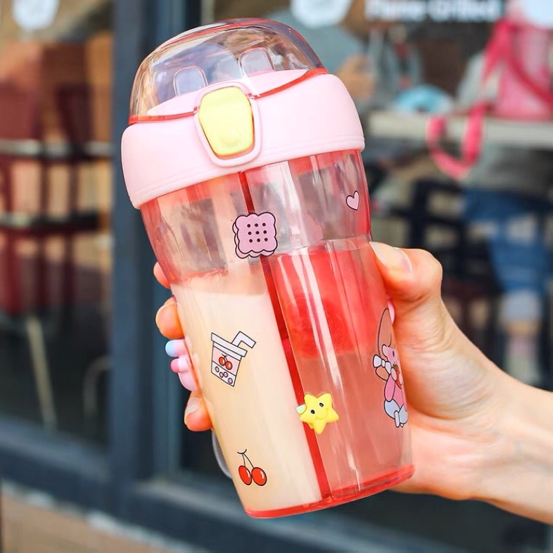 Bình nước 2 ngăn 430ml tặng kèm dán 3D và dây đeo