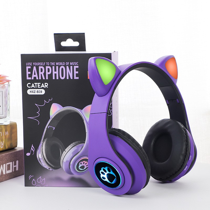 Tai Nghe Bluetooth 5.0 Không Dây Hình Tai Mèo Có Đèn Led Kèm Mic Cho Máy Tính / Điện Thoại