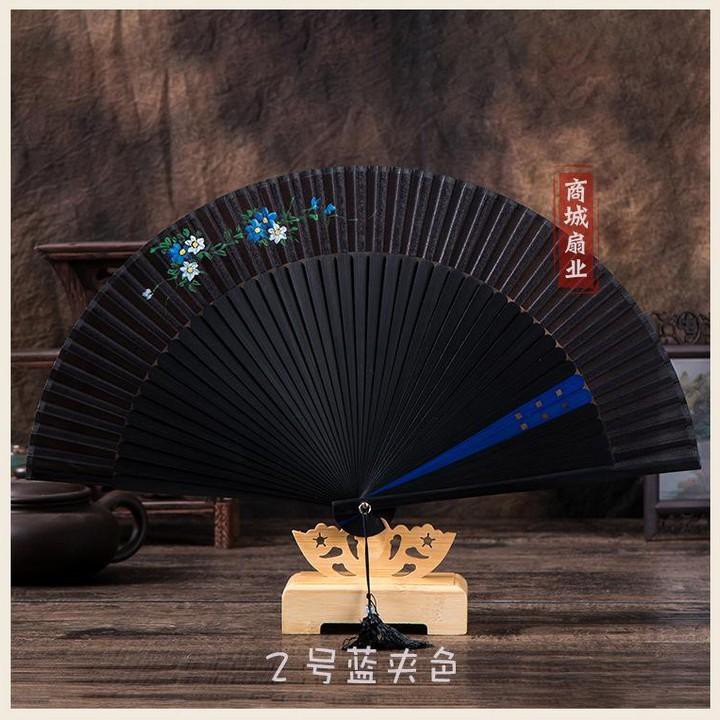 Quạt trúc cổ nan mở lưỡng lục trúc cổ trang dây tuyến xếp cầm tay phong cách Trung Quốc