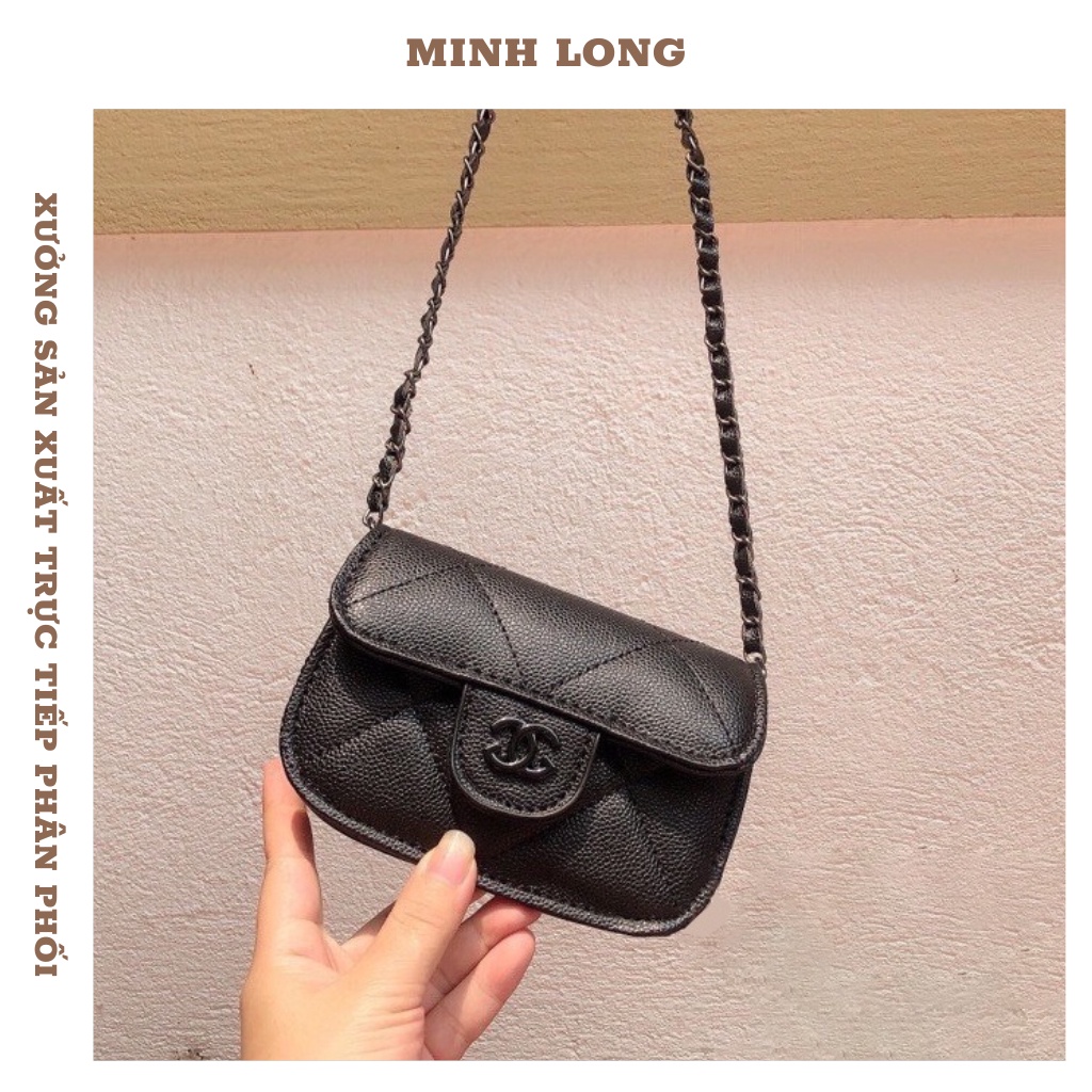 Túi Mini Nữ Đeo Chéo Da Hạt Logo Dây Xích Đen DC97